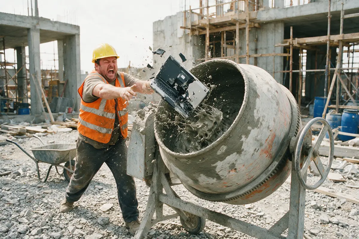 Handwerker in Warnweste wirft einen Laptop in den laufenden Betonmischer