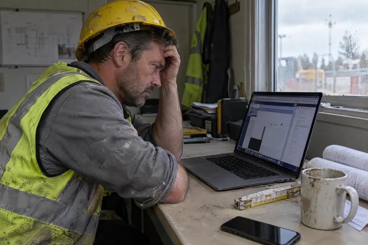 Handwerker sitzt ratlos vor dem Laptop im Baucontainer, Kopf in der Hand